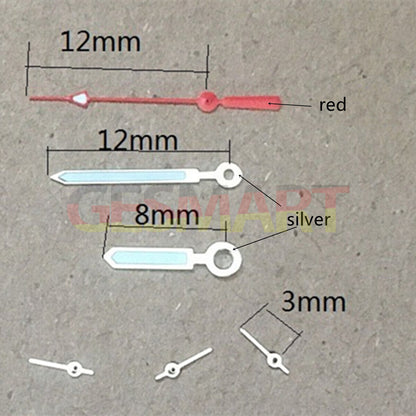 Aiguilles de montre rouges de 12 mm avec garniture argentée pour Miyota OS10 OS20 OS60 OS80 