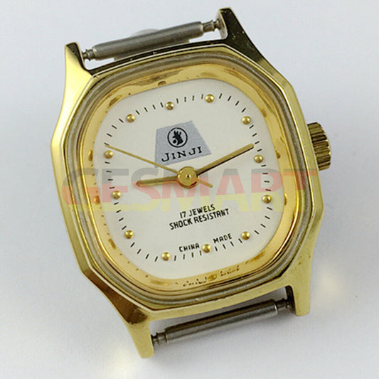 SHANGHAI JINJI 26mm manual mechanical lady watch with 17 jewels and golden octagonal case, elegant design.