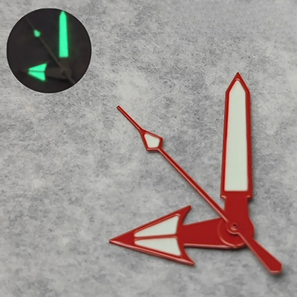 Red-trimmed arrow-shaped C3 green lume watch hands set for NH35 NH36 4R36/35 movements.