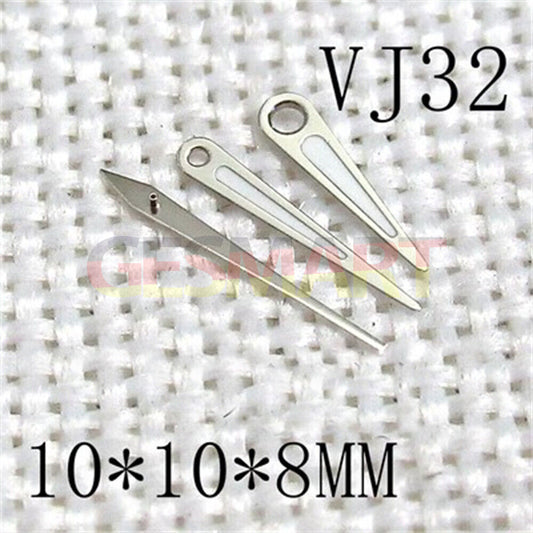 Aiguilles de montre pointues vertes lumineuses avec garniture argentée 10 x 10 x 8 mm pour mouvement Epson VJ32
