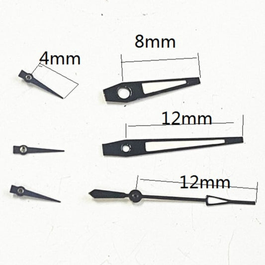 Black trim green lume watch hands for Miyota JS15 quartz, enhancing visibility and style.