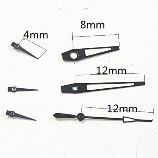 Black trim green lume watch hands for Miyota JS15 quartz movement, enhancing readability and style.