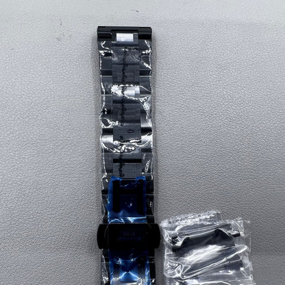 Curved end black steel 23mm watch band with butterfly clasp, durable and stylish.