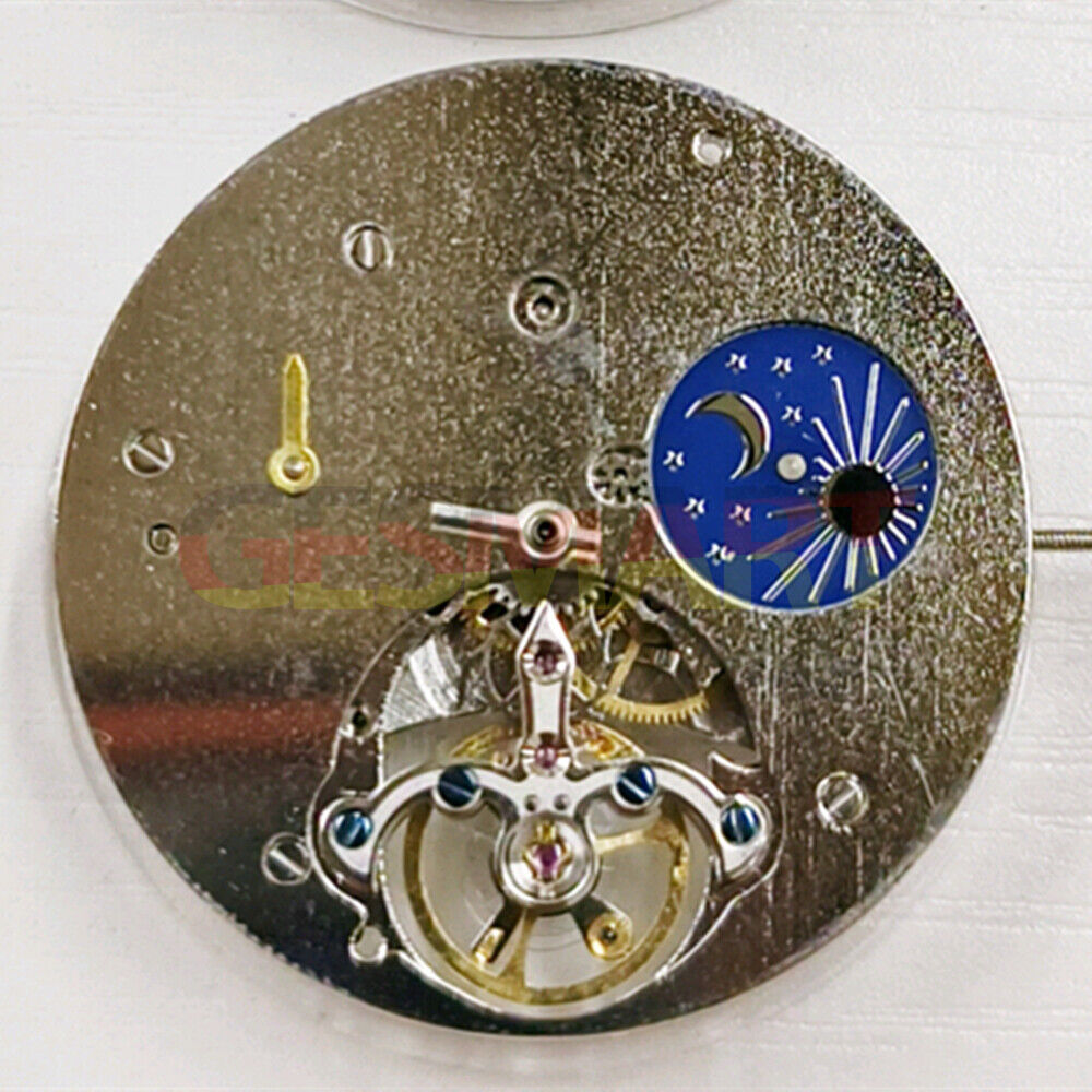 China Made automatic mechanical watch with bare balance wheel, 2 hands, and moon phase display.