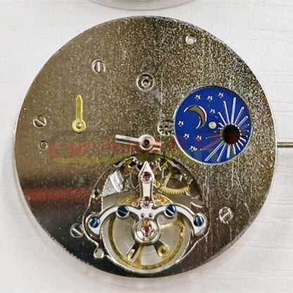China Made automatic mechanical watch with bare balance wheel, 2 hands, and moon phase display.