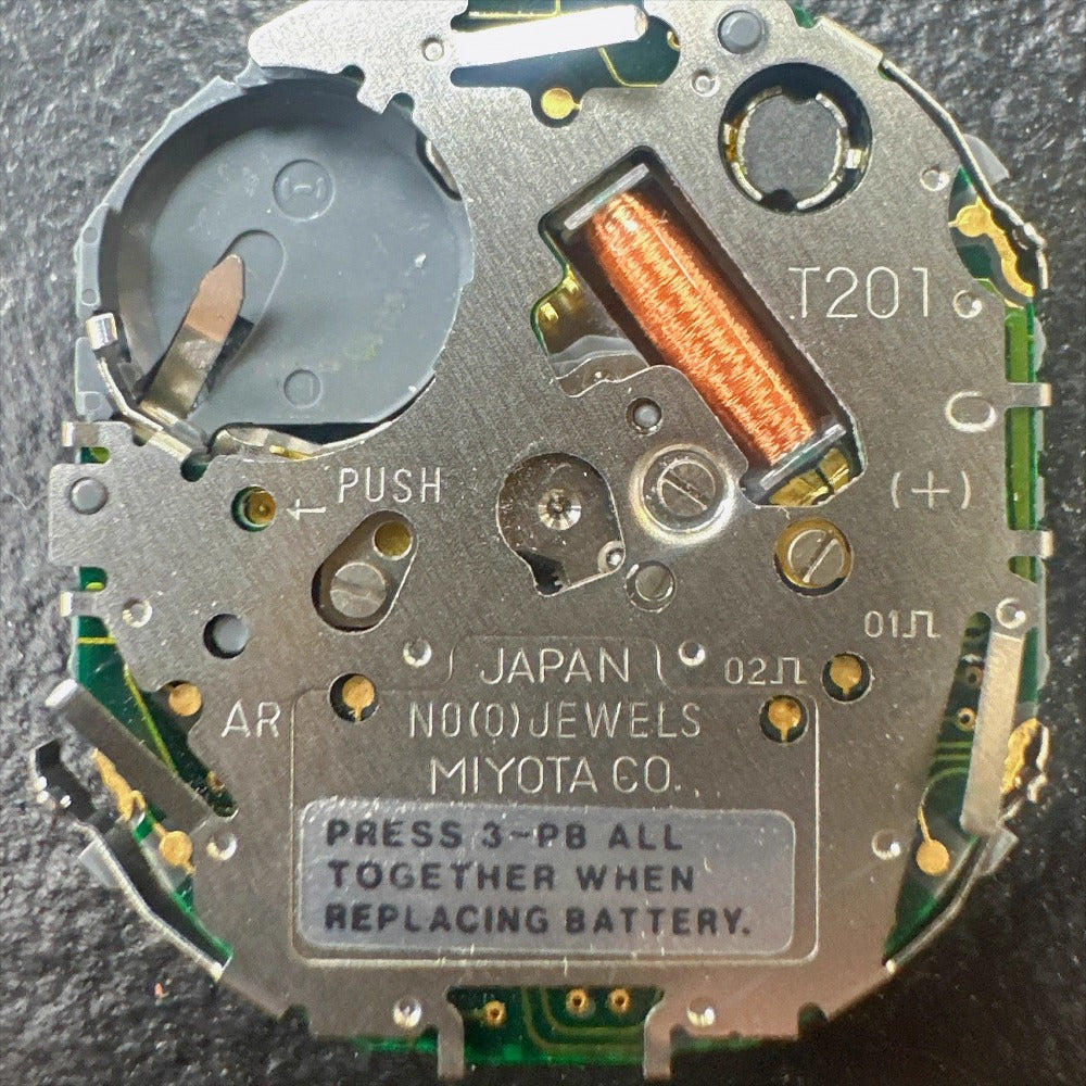 Japan Made Miyota T201 quartz watch movement without stem, high-precision timekeeping by Miyota.