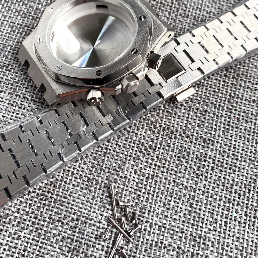 316L Steel 42mm square watch case with flat sapphire crystal, waterproof design for VK63 VK64 quartz movements.