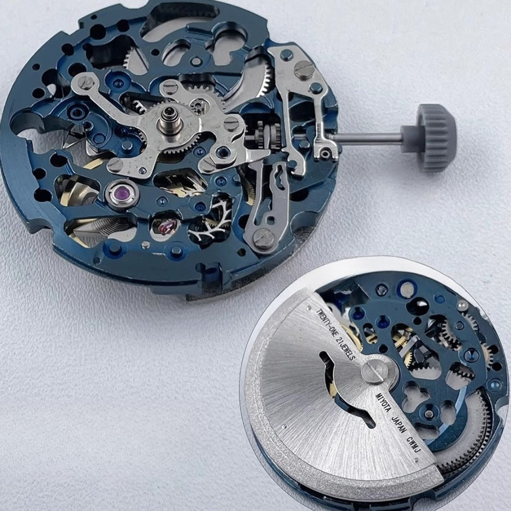 Genuine Miyota 8N24 automatic mechanical watch movement with blue hollow design for precise timekeeping