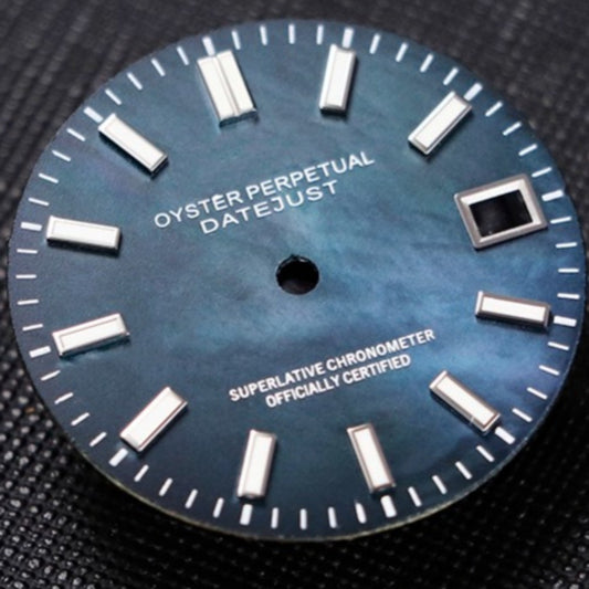 Dark green 28.5mm Blue Lume watch dial with natural seashell vein, fits NH35 movement,.