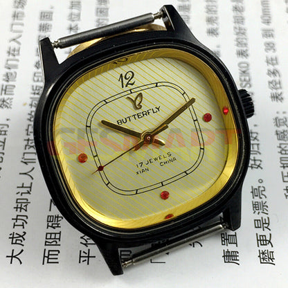 Yellow dial 32mm Chinese Xian manual mechanical watch with 17 jewels, black square case design.