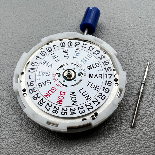 Japan Epson YN56 mechanical watch movement showing date and day functions.