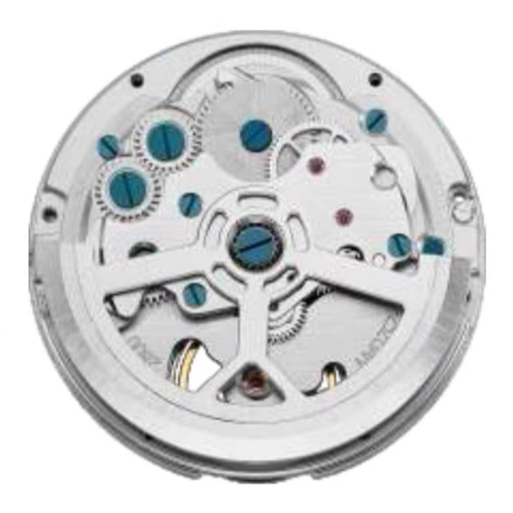 Silver automatic watch with bare balance at 6 o'clock, 3 hands, China Made 2800 mechanical movement.