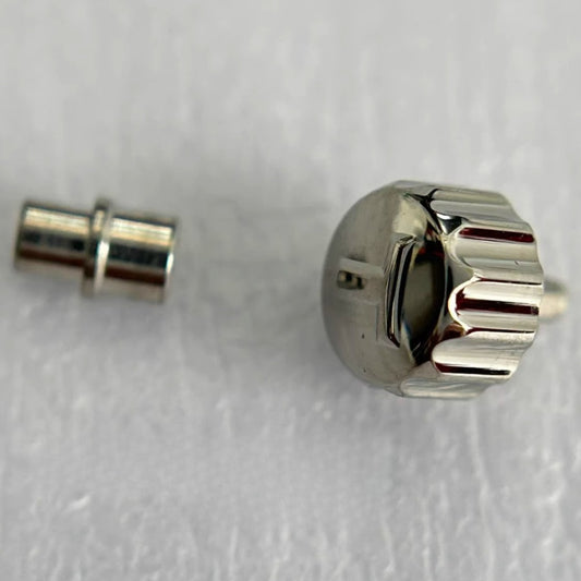 Steel silver watch crown for Tissot T22168, durable replacement part for watch repair.