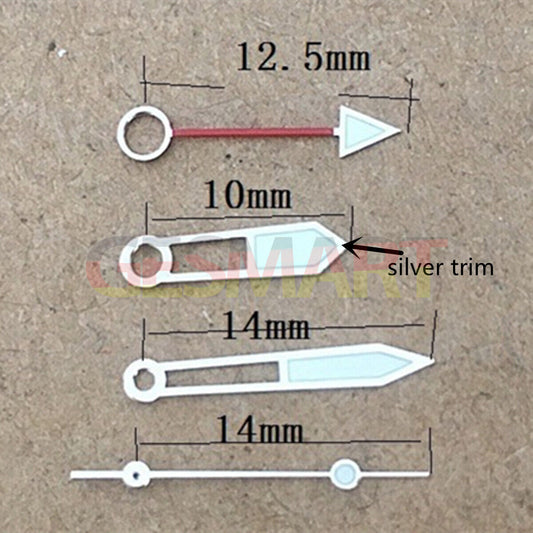 Aiguilles de montre creuses à 4 aiguilles lumineuses vertes avec garniture argentée pour mouvement Miyota 8205