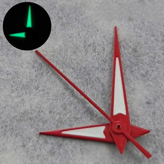 Red luminous watch hands set with C3 green glow, compatible with NH35, NH36, NH34, 4R, 7S movements.