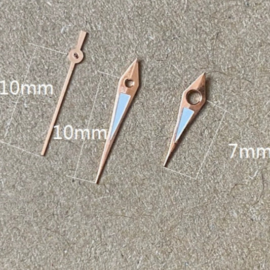 Aiguilles de montre luminescentes en forme de flèche, finition or rose, 10 x 10 x 7 mm, pour mouvement à quartz Miyota 2035