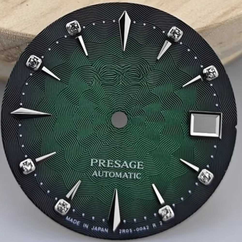29mm green floral pattern watch dial, fits NH35 NH36 automatic movement with logo detail.