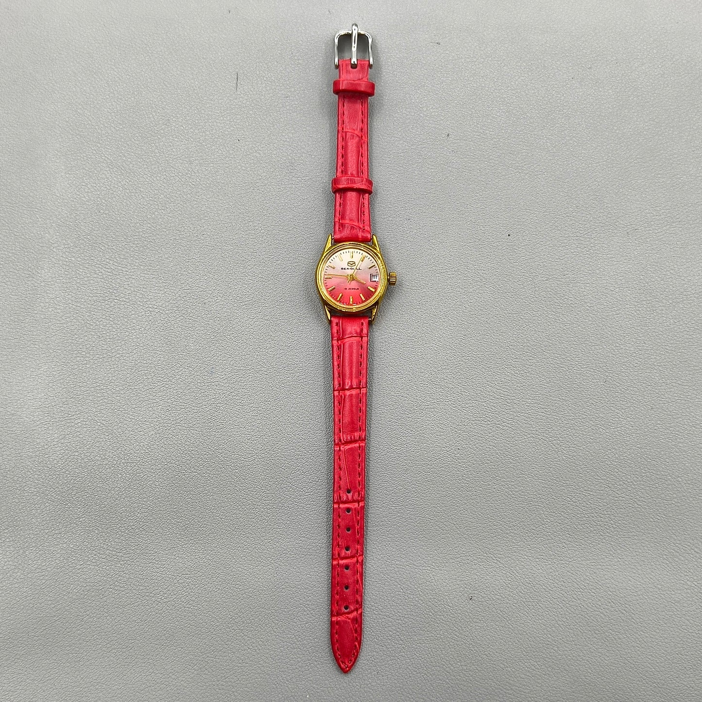 Seagull Manual Mechanical Red Srap Lady Watch Gradient Golden Nail Single Calendar