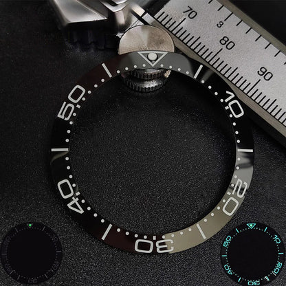 Sloping luminous ceramic bezel insert 39.3x31.7mm for watch accessories, durable replacement.