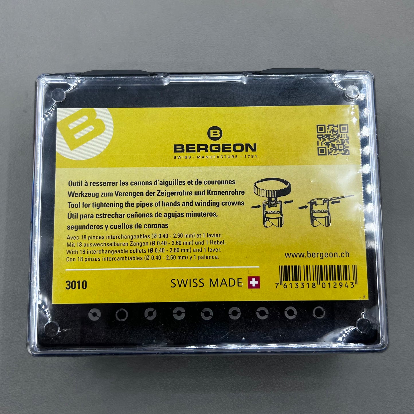 Swiss Bergeon 3010 crown and hand tube tightener tool for precise watchcase repairs and adjustments
