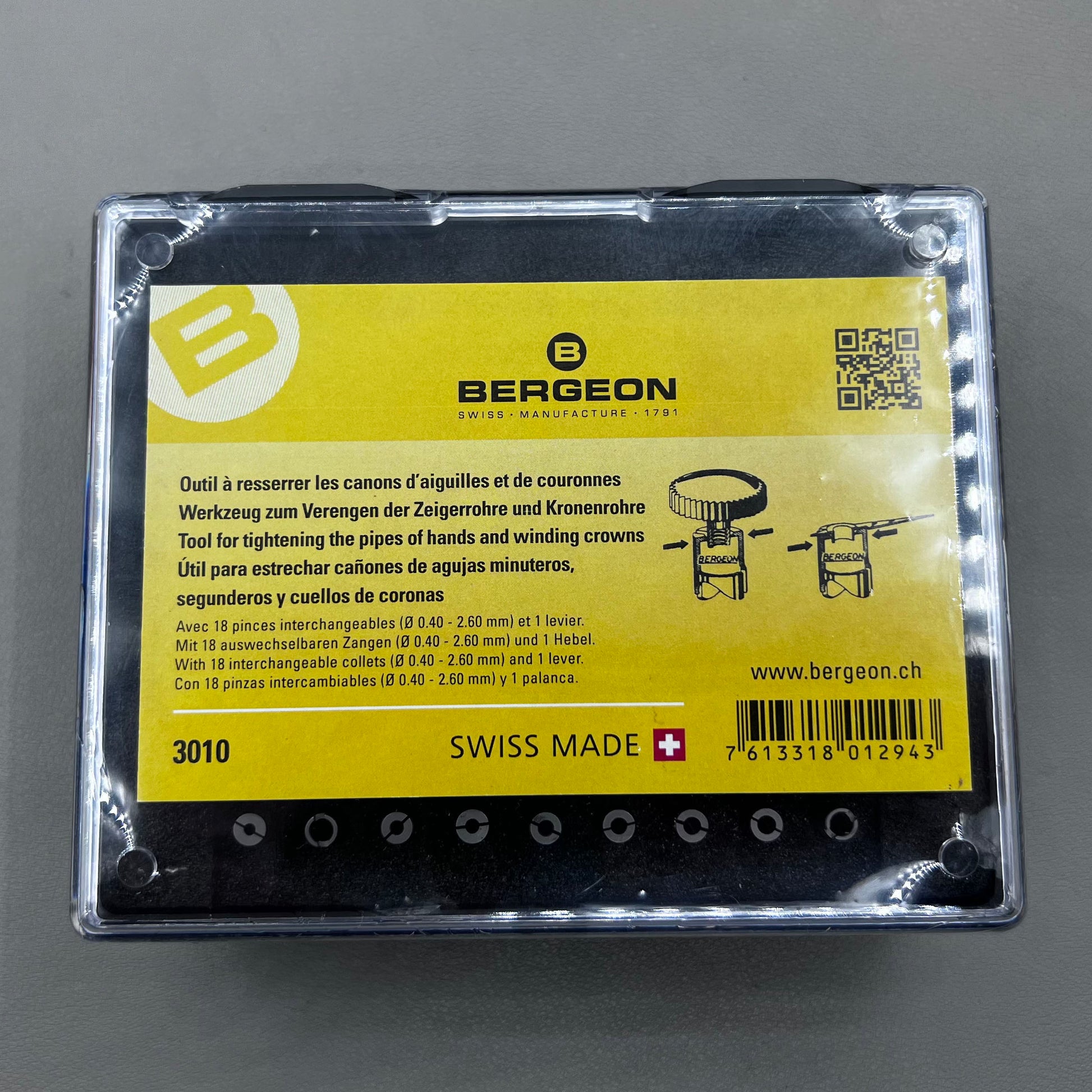 Swiss Bergeon 3010 crown and hand tube tightener tool for precise watchcase repairs and adjustments