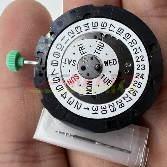 Japan-made MIYOTA OS00 quartz watch movement showing day and date functions for precise repair.