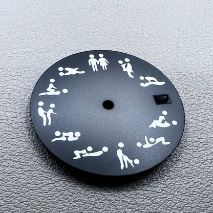 Black 28.5mm watch dial with green lume, designed for NH35 NH36 movements, perfect for adult love posture watches.