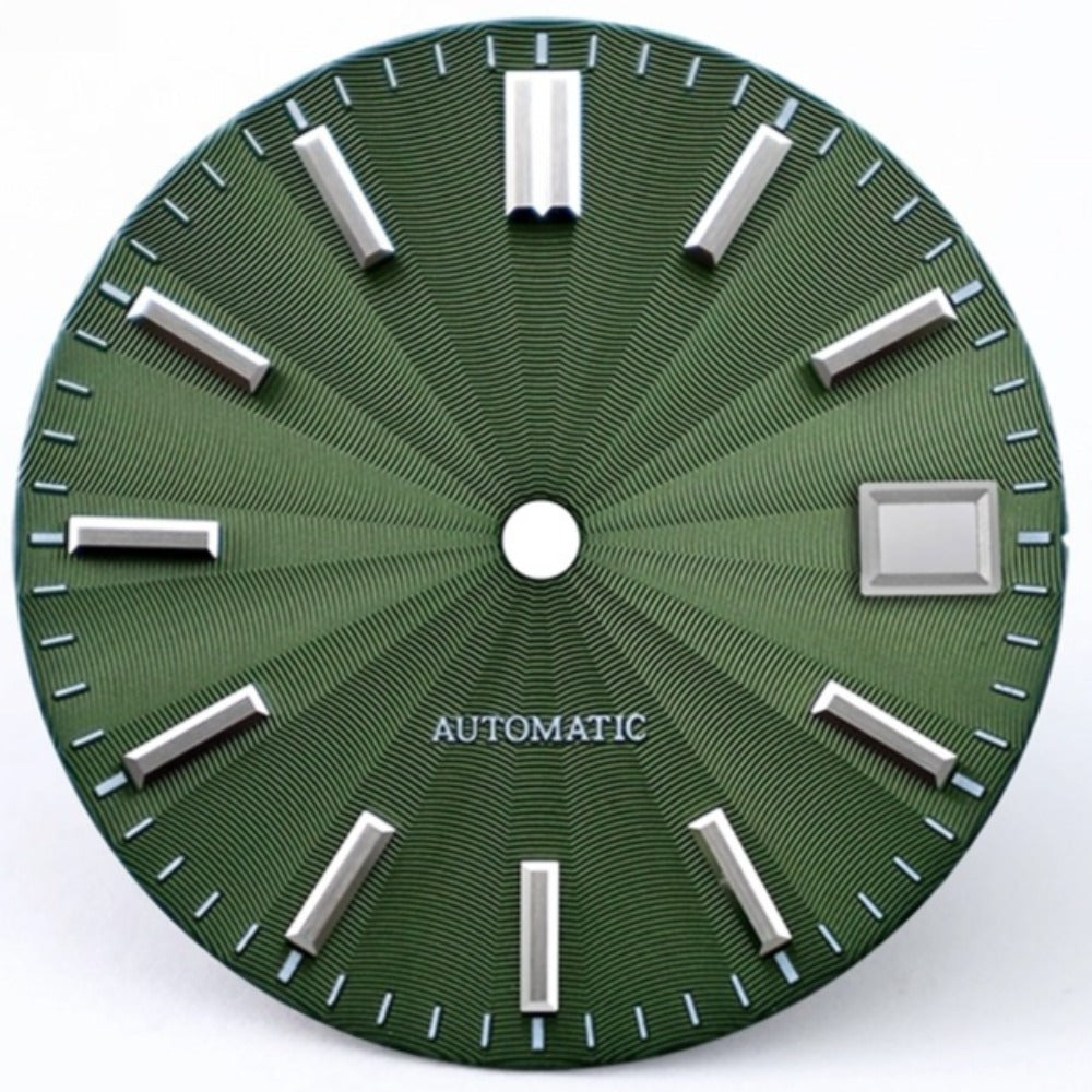 Olive Green 28.5mm Microgroove watch dial for NH35 NH36 NH38 movements, sleek design for custom timepieces.