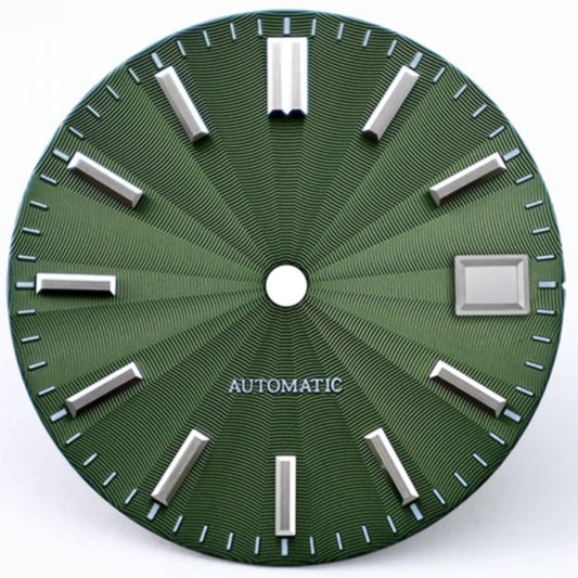 Olive Green 28.5mm Microgroove watch dial for NH35 NH36 NH38 movements, sleek design for custom timepieces.