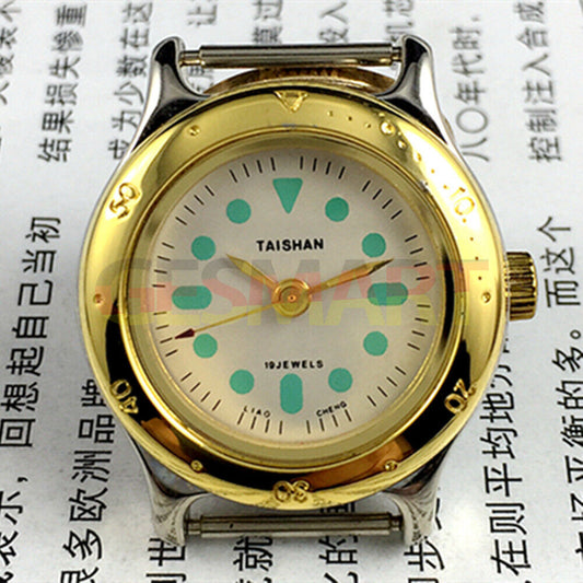 Elegant 28mm TAISHAN manual mechanical lady watch with 19 jewels, golden case, and numeric dial for stylish accessory.