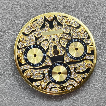 Embedded Diamond Watch Dial with Gold Trim Watch Hands for VK63 Movement