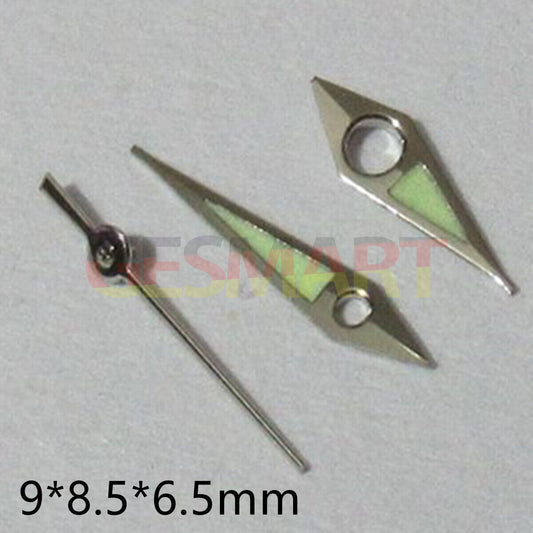 9mm silver pointed green luminous watch hand by Miyota for models 2035, 2115, 2105, 2305, 2315.