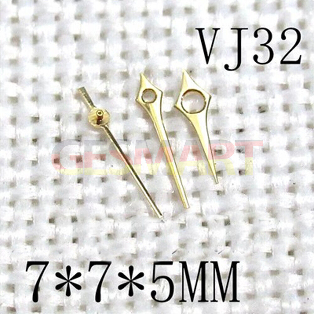 Golden 7x7x5mm pointed 3 hands set for Hattori Epson VJ32 watch movement, precise time indication.