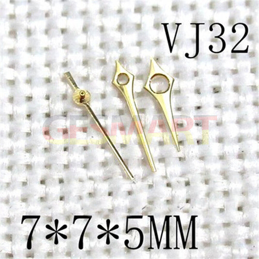 Golden 7x7x5mm pointed 3 hands set for Hattori Epson VJ32 watch movement, precise time indication.