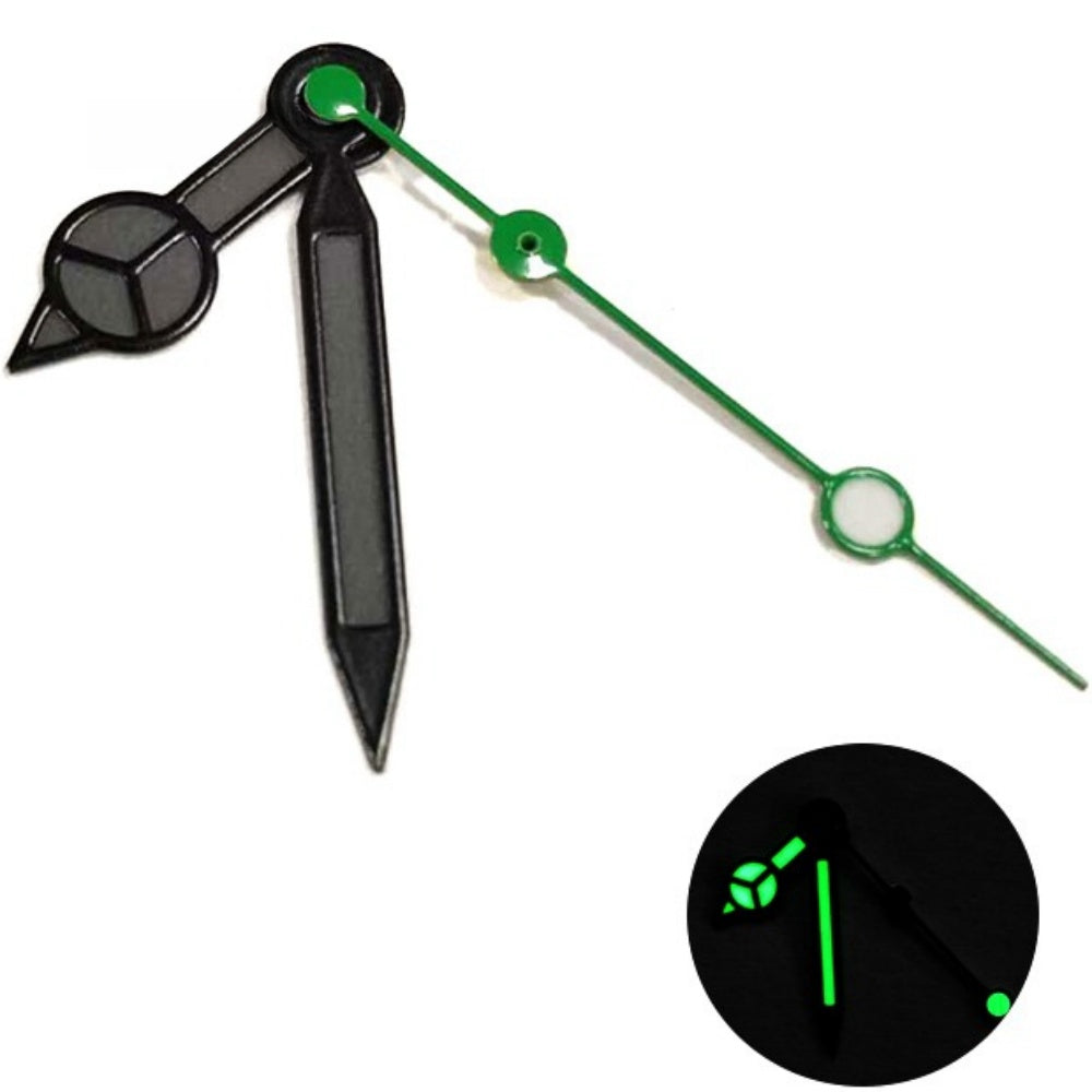 Matted black trim watch hands with green lume second hand, compatible with NH35/36 movements.