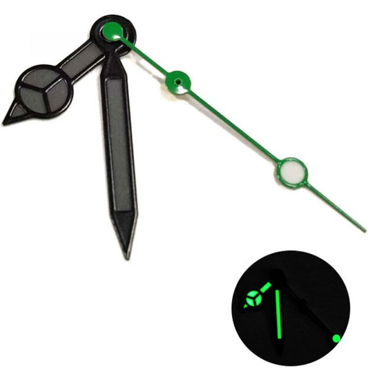 Matted black trim watch hands with green lume second hand, compatible with NH35/36 movements.