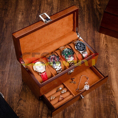 Double-layer men's watch box organizer, perfect for storing and displaying watches and jewelry.