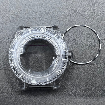 40MM green luminous plastic watch case with acrylic mirror for 8215 8200 821A 2813 movements, durable and lightweight.