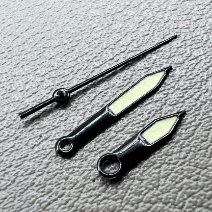 Black trim green lume watch hands set for Miyota 8215 with luminous tips, perfect for watch repairs and upgrades.