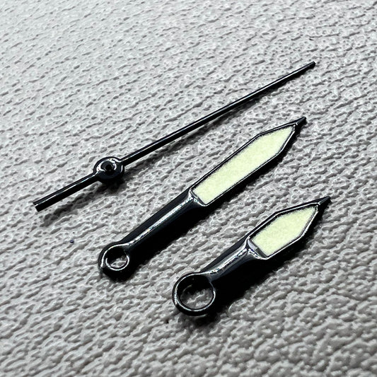 Black trim green lume watch hands set for Miyota 8215 with luminous tips, perfect for watch repairs and upgrades.