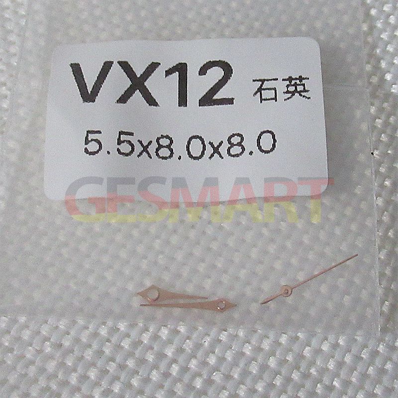 Silver watch hands for Hattori Epson VX12 movement, 5.5x8x8mm, compatible with various watch styles.