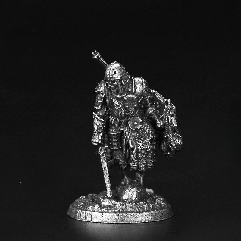 White Brass Figurine Undead Skeleton Knight Miniature - Heavily Armored Sword and Shield