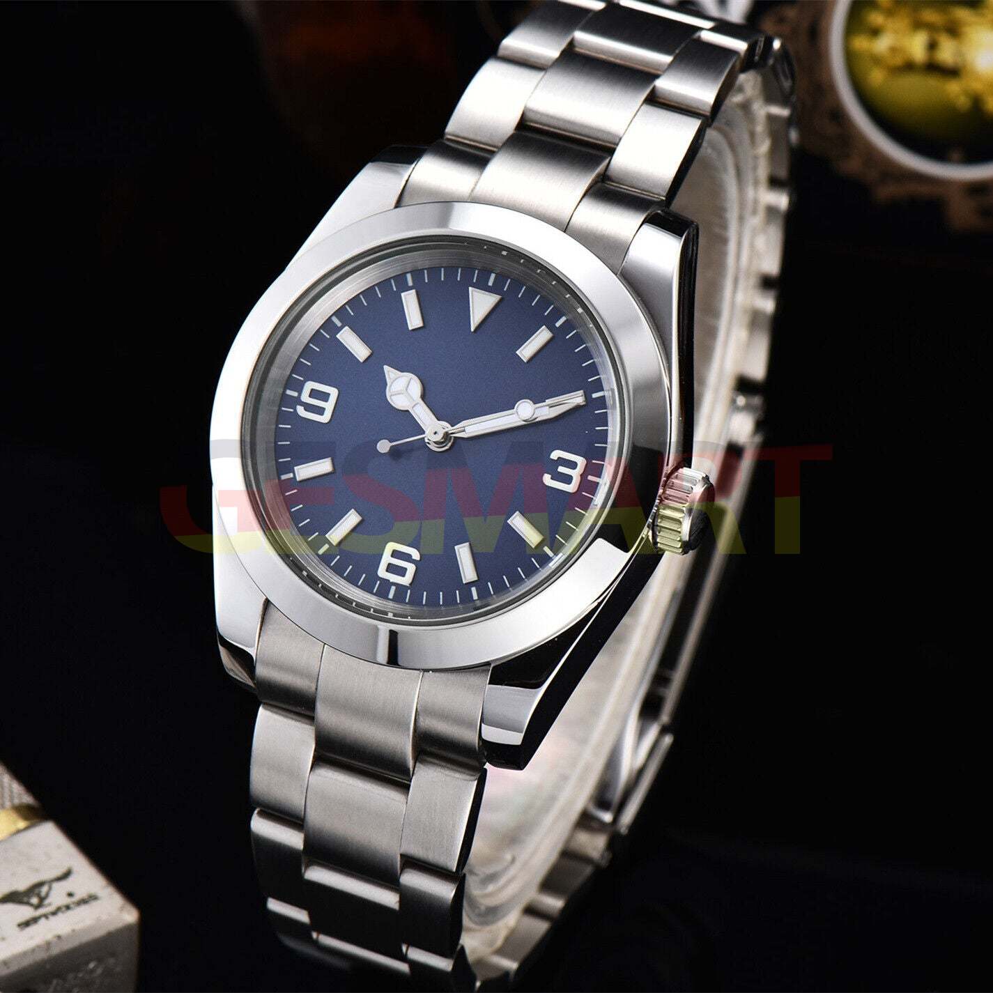 316L stainless steel 40mm men's diving wristwatch with sapphire glass, blue dial, silver hands.