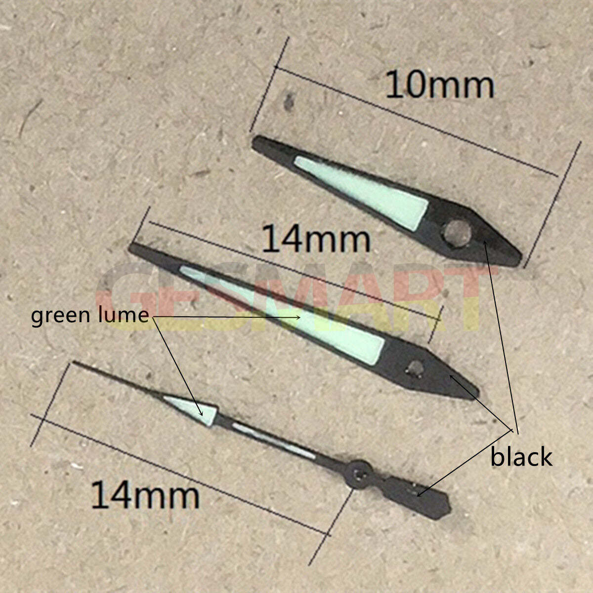 14mm black trim green luminous arrow-shaped watch hands for ISA 2331 movement