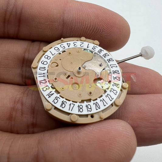 Sunon PE60 quartz watch movement with 3 hands and date at 6 o'clock for precise timekeeping.