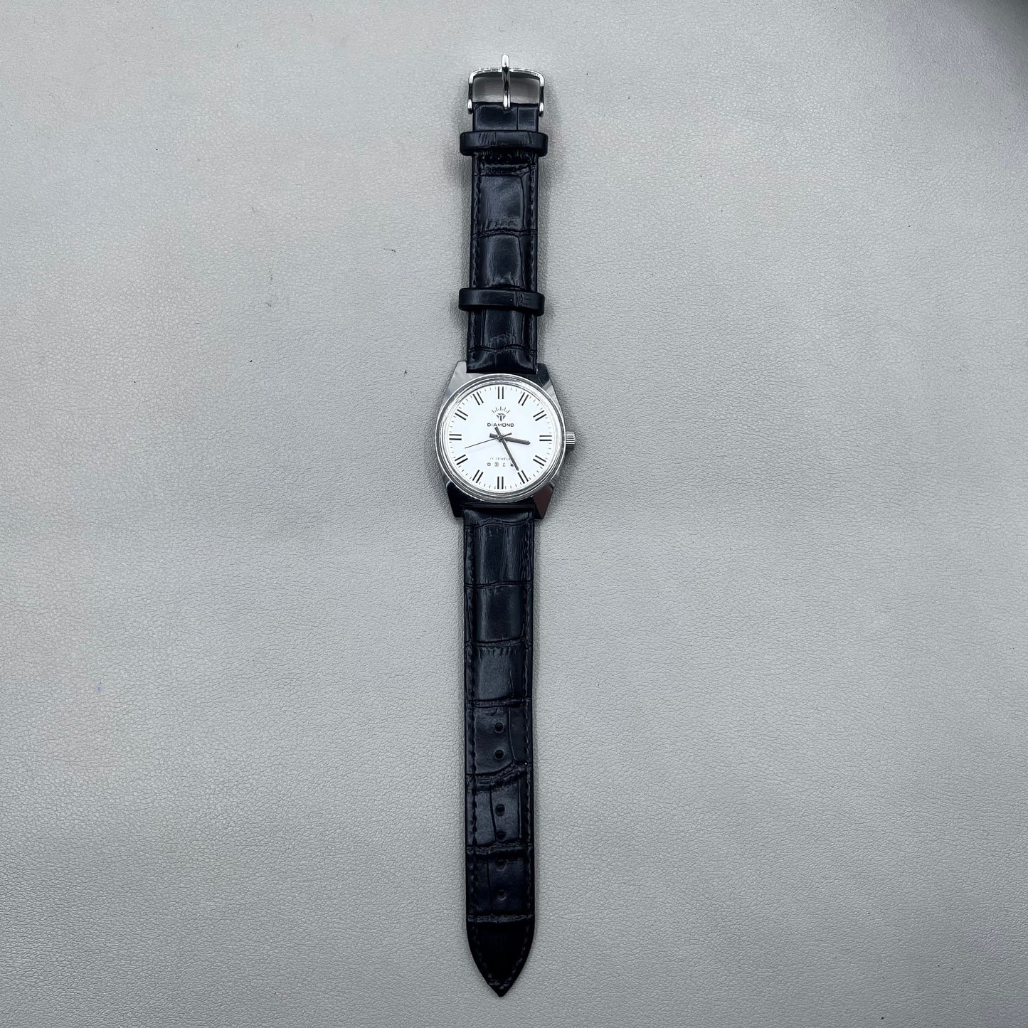 38mm DIAMOND Black Strap Manual Mechanical Watch 17 Jews White Dial Silver Case
