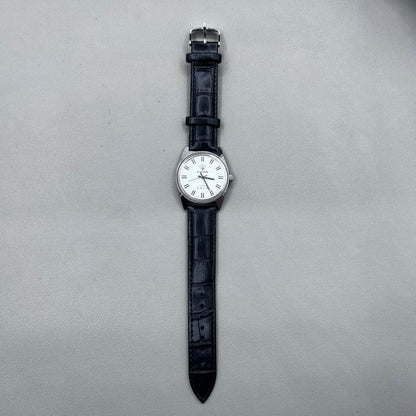 38mm DIAMOND Black Strap Manual Mechanical Watch 17 Jews White Dial Silver Case