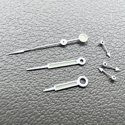 Green lume pointed white trim watch hands for Miyota OS10 OS20 OS60 OS80, enhancing time visibility.