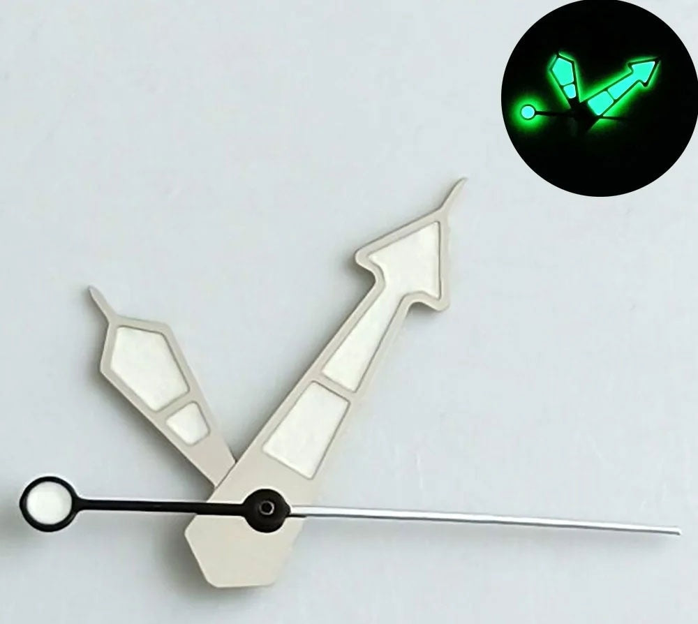 White painted watch hands with green lume and silver trim for NH35, NH36, NH70 movements.
