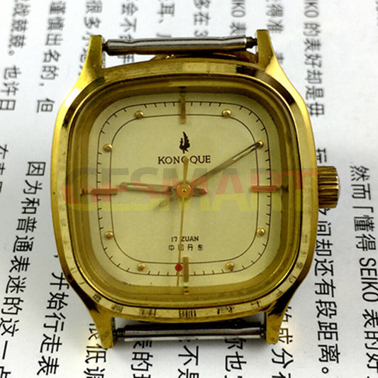 33mm Kongque Steel Manual Mechanical Watch with 17 Jewels, Golden Dial, and Adjustable Band